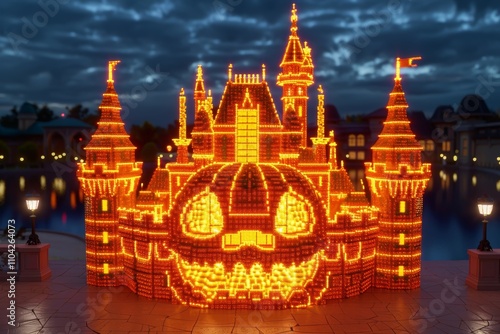 Halloween-themed castle illuminated with bright orange lights at twilight near a serene water body photo