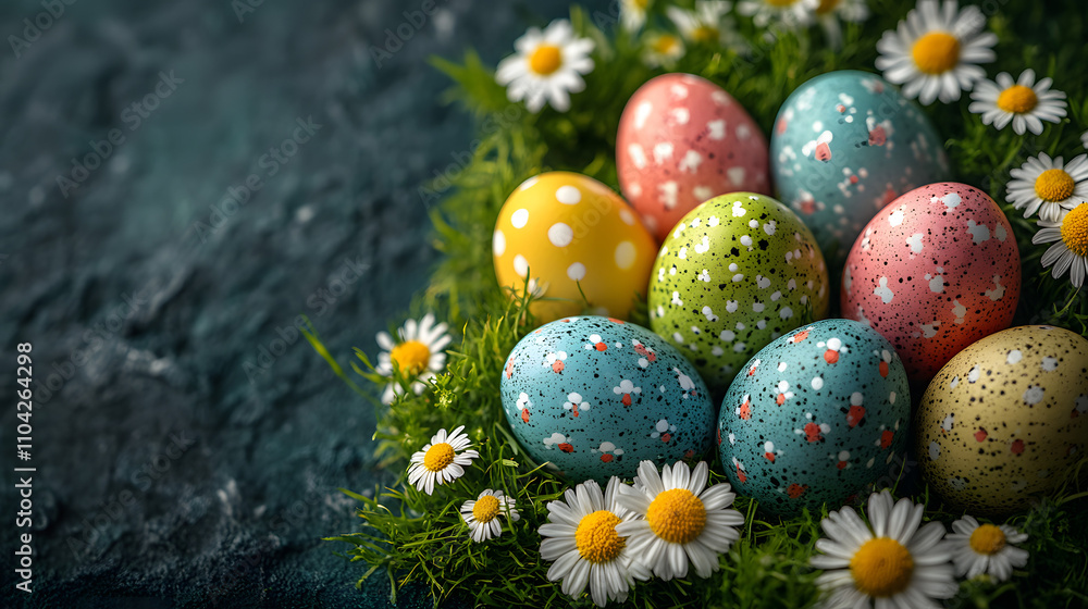 A vibrant display of colorful Easter eggs arranged in an array on lush green grass, creating a festive and cheerful atmosphere for the holiday celebration. The eggs are brightly colored and beautifull A vibrant display of colorful Easter eggs arranged in an array on lush green grass, creating a festive and cheerful atmosphere for the holiday celebration. The eggs are brightly colored and beautifull