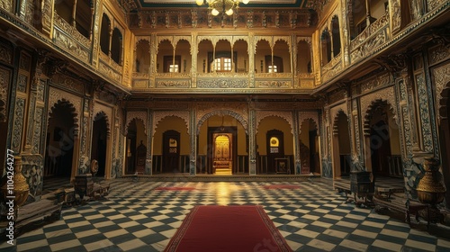 Double-Storied Grand Indian Palace Atrium Showcasing Rich Architectural Detailing generative ai