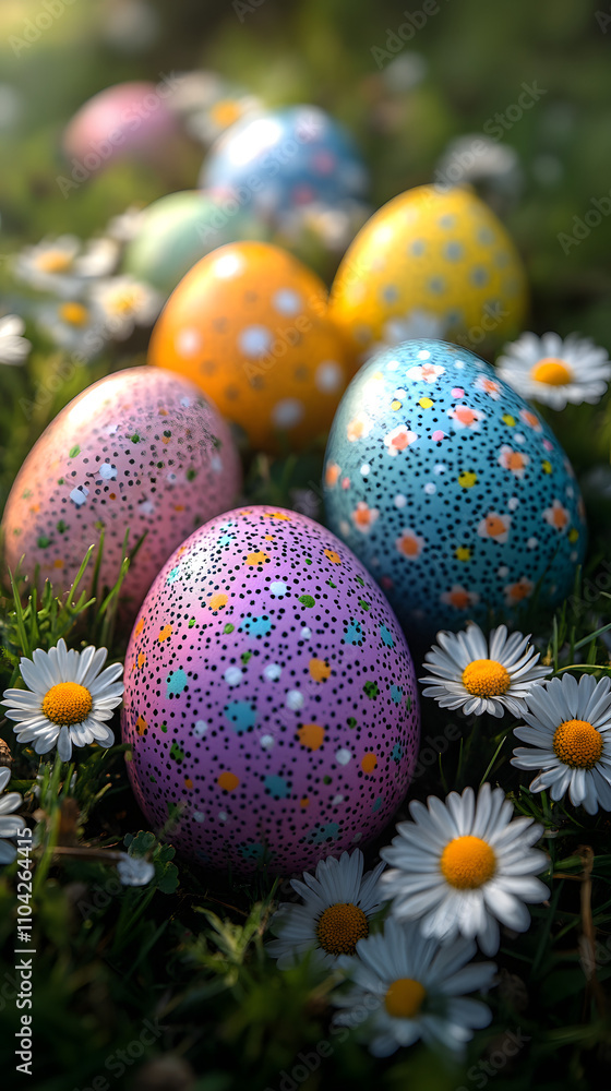 A vibrant display of colorful Easter eggs arranged in an array on lush green grass, creating a festive and cheerful atmosphere for the holiday celebration. The eggs are brightly colored and beautifull A vibrant display of colorful Easter eggs arranged in an array on lush green grass, creating a festive and cheerful atmosphere for the holiday celebration. The eggs are brightly colored and beautifull