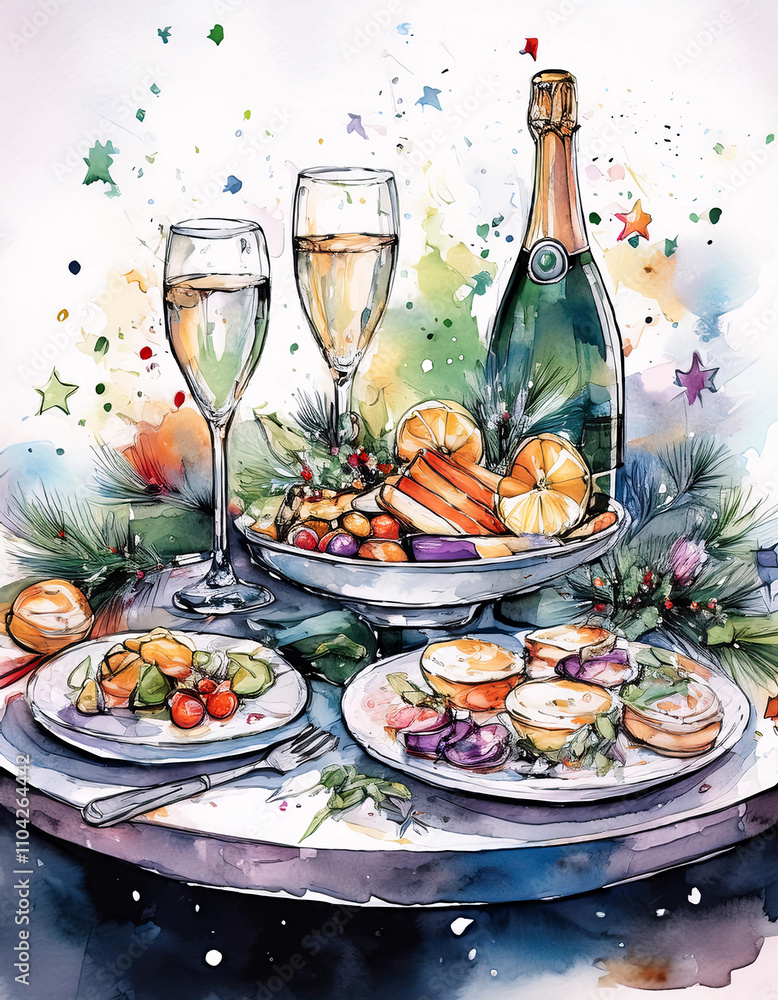 Festive table setting with sparkling wine glasses, a bottle, and plates of appetizers, featuring vibrant colors and holiday decorations.