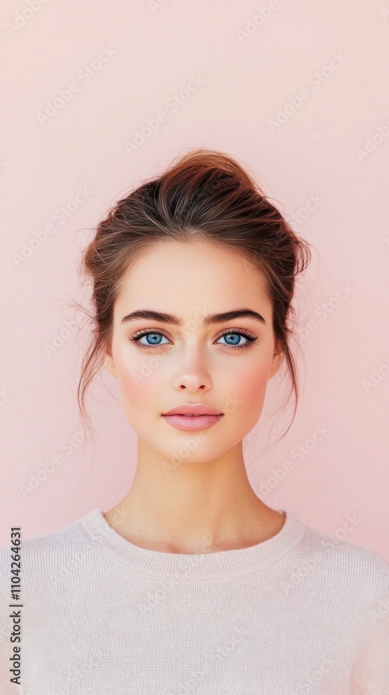Fototapeta premium Young woman with natural beauty poses against a pink backdrop during daylight