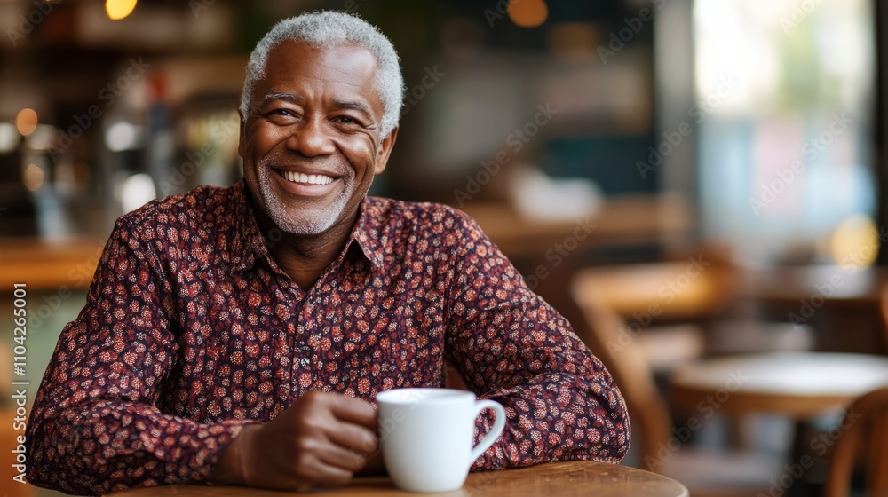 Happy adult african american man enjoying cup of coffee in cafe smiling Happy adult african american man enjoying cup of coffee in cafe smiling