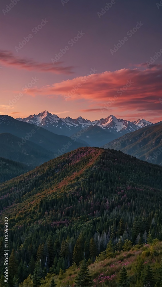 Beautiful mountain range with a pink and purple sky. Beautiful mountain range with a pink and purple sky.