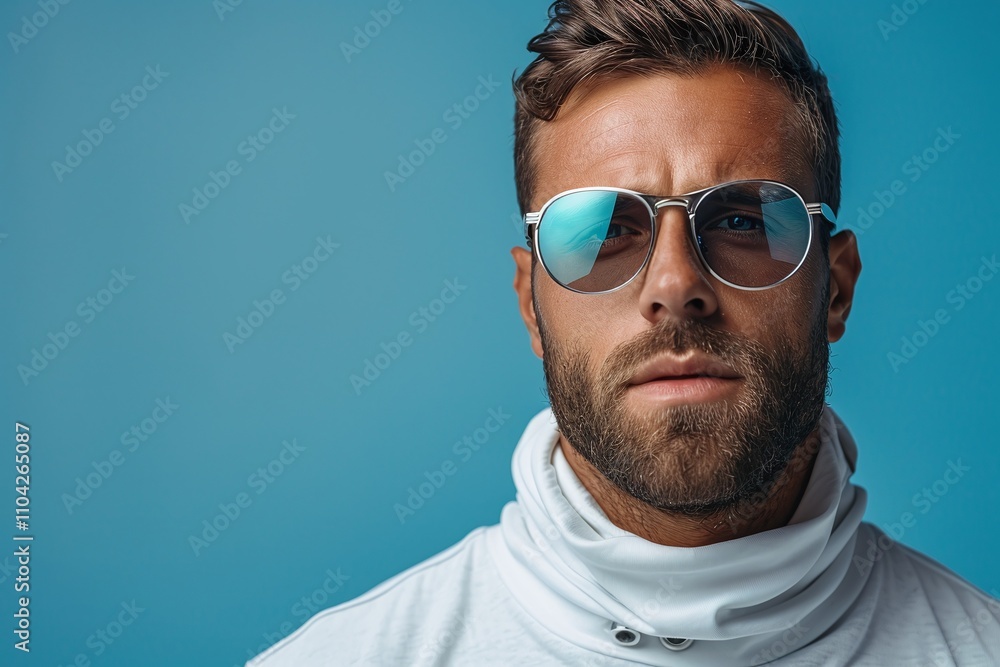 close-up of young man, wearing silver mirrored sunglasses, white turtleneck, short textured beard, blue gradient background, clean and modern minimalist fashion style
close-up of young man, wearing silver mirrored sunglasses, white turtleneck, short textured beard, blue gradient background, clean and modern minimalist fashion style