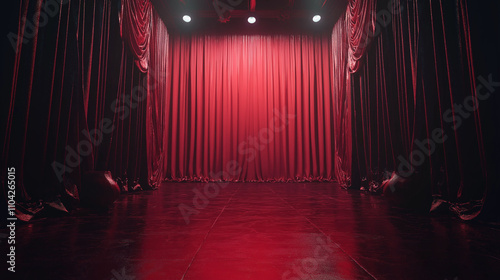 Dark empty stage with rich red curtain. 3d render