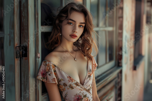 A young Caucasian woman with flowing hair poses elegantly in a floral dress, exuding a soft, dreamy vibe in a quaint, vintage setting.