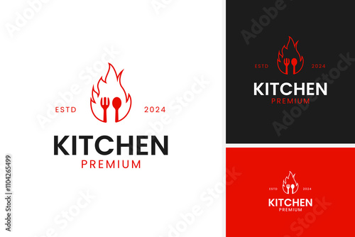 Creative fork and spoon with fire logo design vector concept template illustration