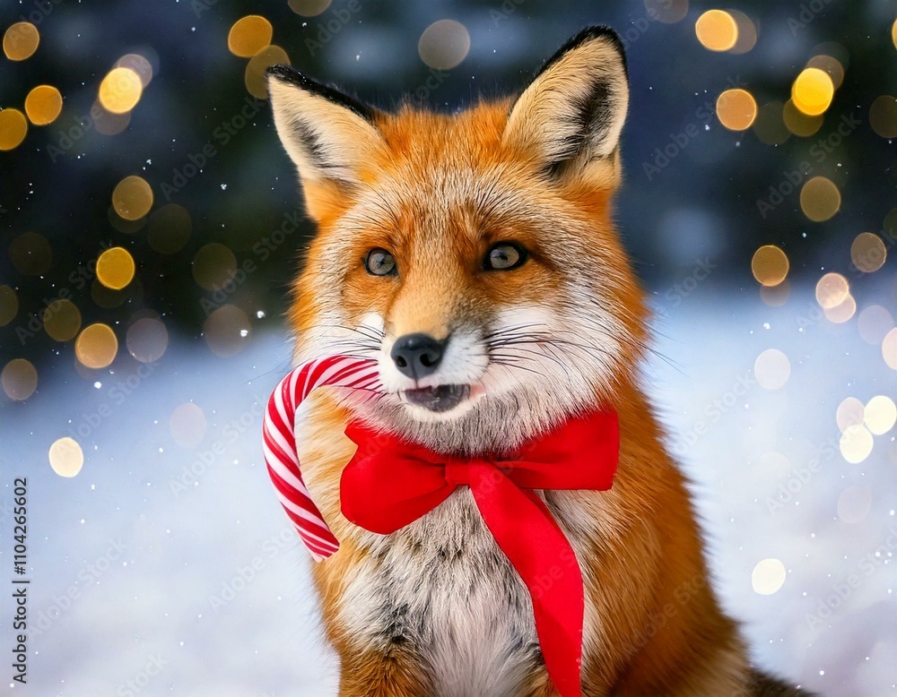Fototapeta premium Weihnachtsfuchs mit roter Schleife und Zuckerstange in winterlicher Landschaft