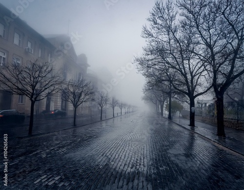 A desolate city on a grey and rainy day, with thick fog covering the streets, leafless trees, and a feeling of gloom in the air. The sky is covered in grey and heavy clouds, conveying a feeling of lon