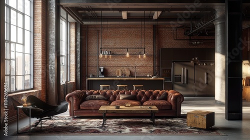 Contemporary industrial living room with raw design elements like exposed brick, distressed leather, and metal-framed windows for a stylish, edgy look.