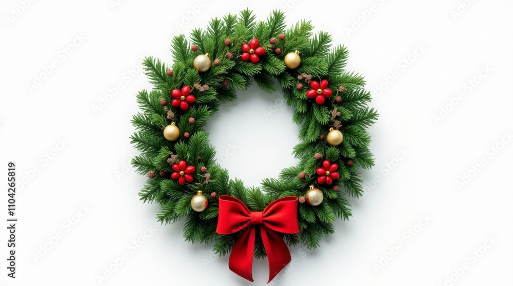 Lush Fir Christmas Wreath with Detailed Decorations on a White Background Lush Fir Christmas Wreath with Detailed Decorations on a White Background