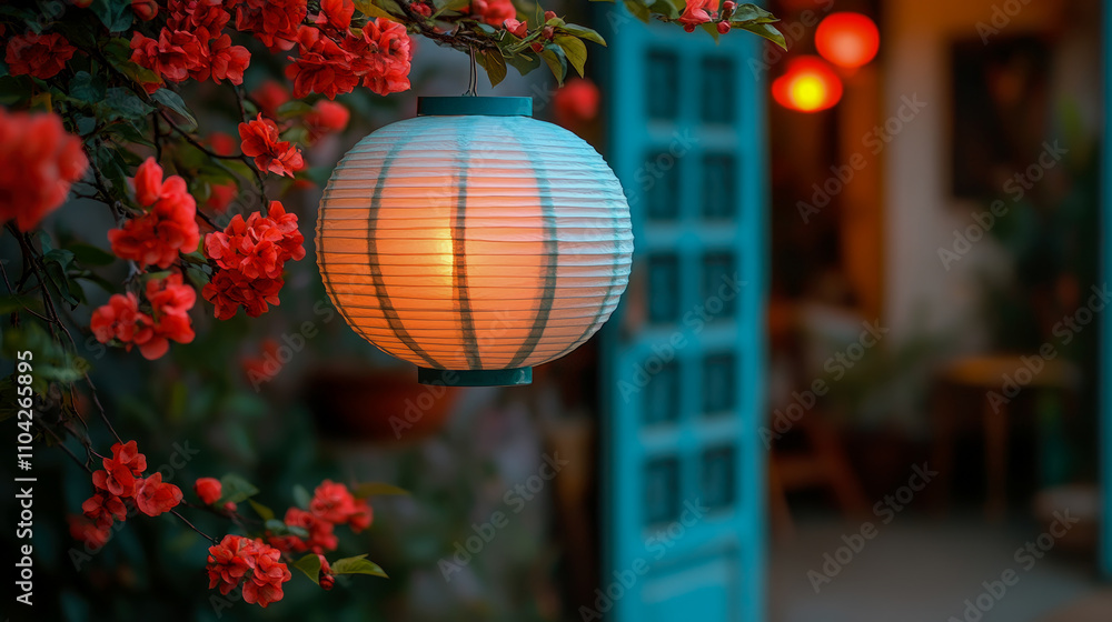 Soft light from a lantern illuminates colorful flowers, creating a warm atmosphere by a blue door in a quaint evening landscape Soft light from a lantern illuminates colorful flowers, creating a warm atmosphere by a blue door in a quaint evening landscape