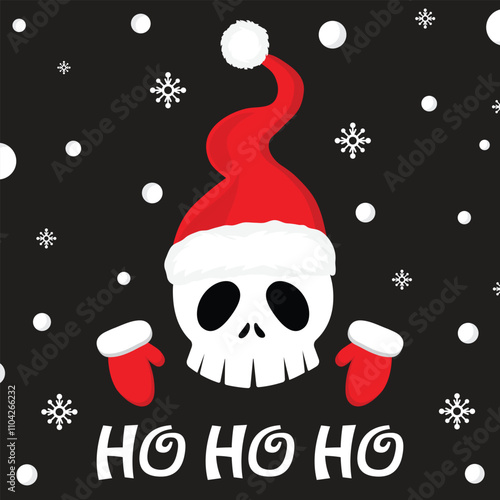 Ho Ho Ho mery Christmas text with skull santa claus. Creepy Christmas vector illustration.