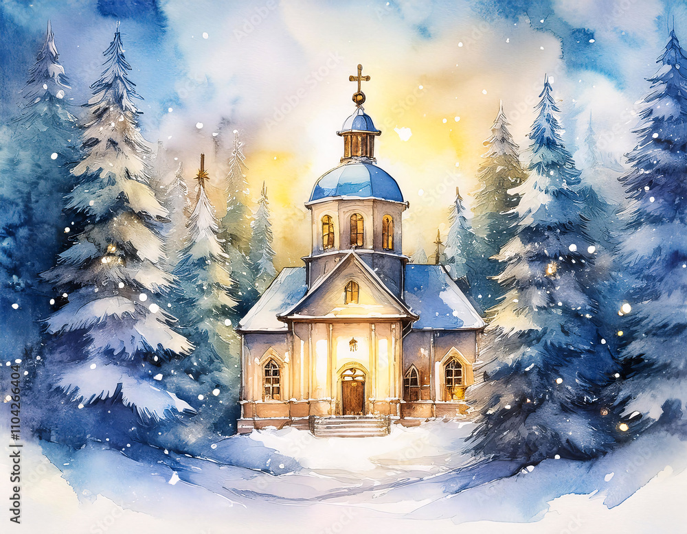 A picturesque winter scene with a snow-covered church nestled among tall pine trees A picturesque winter scene with a snow-covered church nestled among tall pine trees