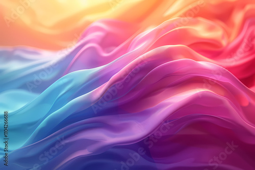 An abstract wave of colorful fabric flows gracefully in hues of pink, blue, and orange, creating a dreamy and serene atmosphere.