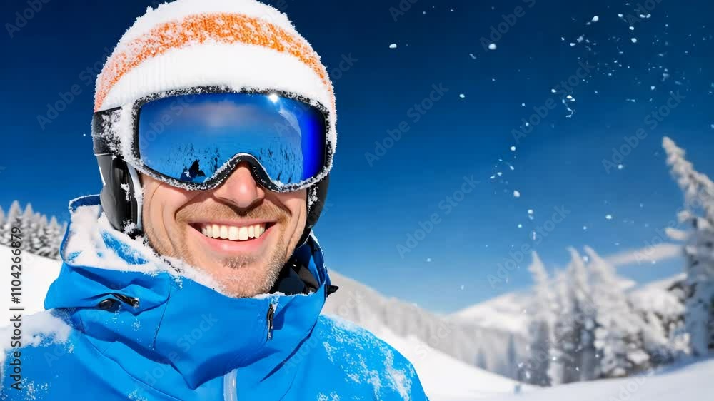 Joyful skier beaming through a snowy landscape Joyful skier beaming through a snowy landscape