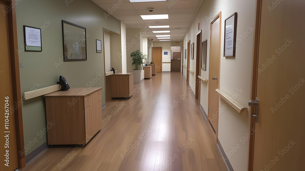 Office interior signage mockups - A clean, well-lit corridor in a professional building, likely a healthcare facility. Office interior signage mockups - A clean, well-lit corridor in a professional building, likely a healthcare facility.