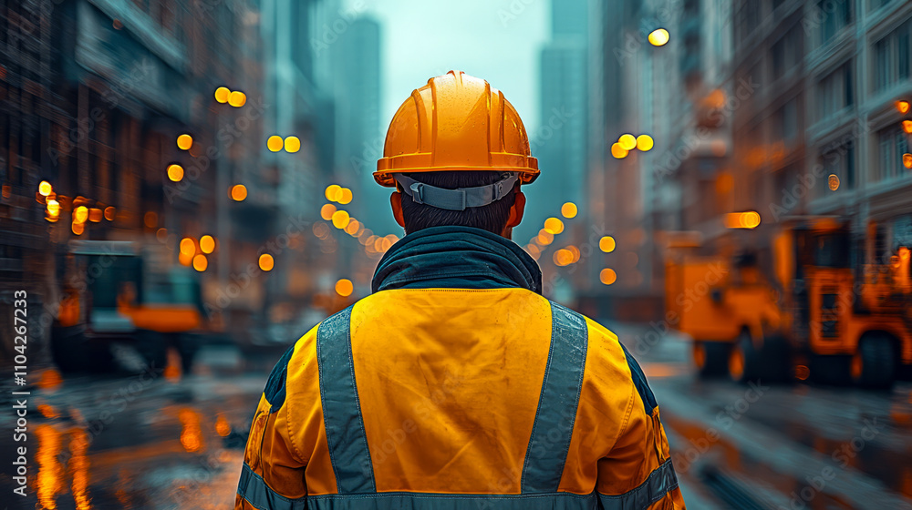 Construction worker in reflective gear facing city street at dusk Construction worker in reflective gear facing city street at dusk