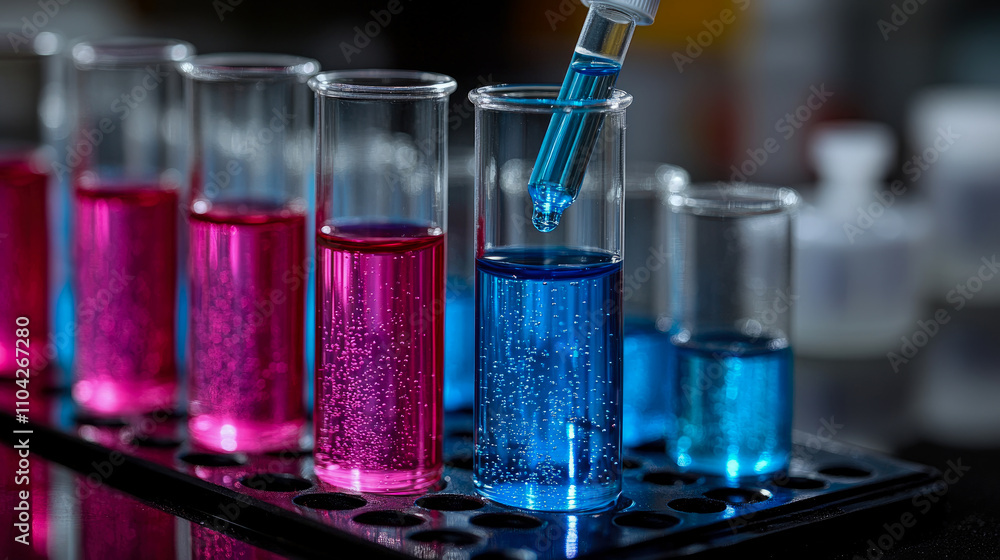 Bright blue and pink liquids are being mixed in test tubes on a lab bench, showcasing vibrant chemical reactions in a scientific experiment Bright blue and pink liquids are being mixed in test tubes on a lab bench, showcasing vibrant chemical reactions in a scientific experiment