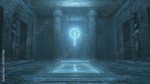 Illuminated Future: Techno-Egyptian Ceremony Chamber with Holographic Ankh | Ultra-Detailed Digital Artwork