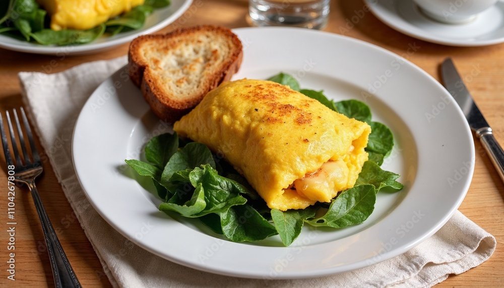 Delicious omelette served on a bed of fresh spinach with toast for a satisfying Easter brunch Delicious omelette served on a bed of fresh spinach with toast for a satisfying Easter brunch