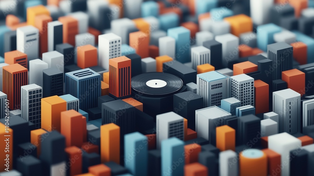 Abstract cityscape of colorful geometric buildings with a vinyl record at the center, symbolizing urban music theme. Abstract cityscape of colorful geometric buildings with a vinyl record at the center, symbolizing urban music theme.