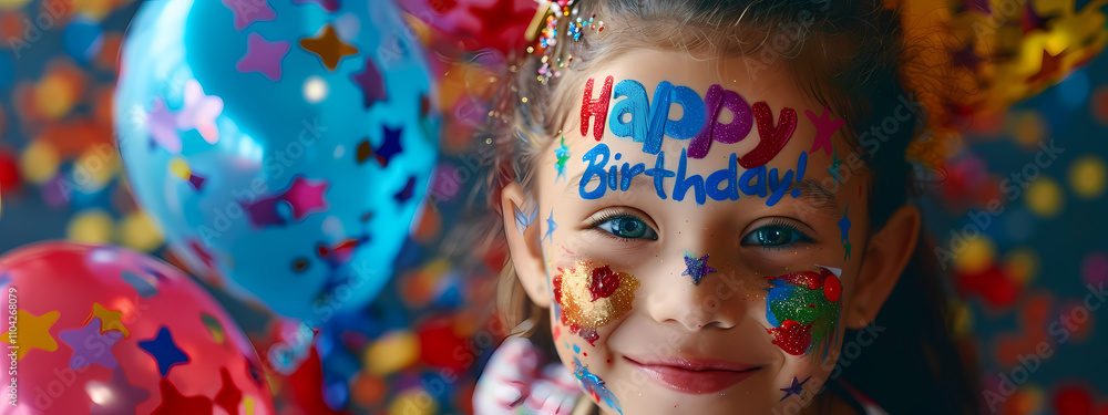 Fototapeta premium A joyful young girl with brown hair and colorful face art celebrates her birthday, surrounded by vibrant balloons and festive decorations.