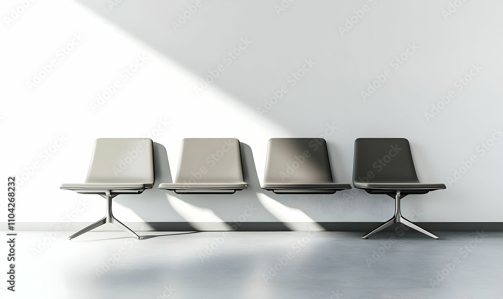 Office interior signage mockups - A minimalist setting featuring four modern chairs against a white wall. Office interior signage mockups - A minimalist setting featuring four modern chairs against a white wall.