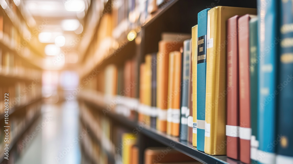Close up of library books on shelf. Generative AI Close up of library books on shelf. Generative AI