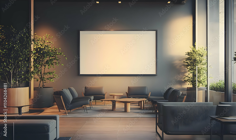 Office interior signage mockups - Modern lounge area featuring seating, plants, and a blank screen for presentations. Office interior signage mockups - Modern lounge area featuring seating, plants, and a blank screen for presentations.
