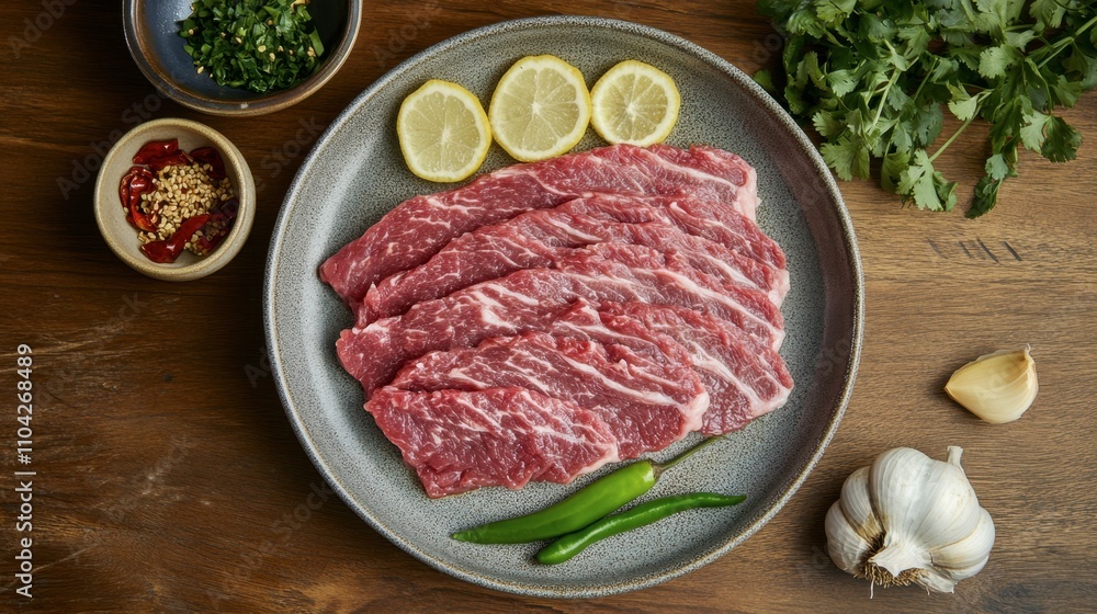 Fresh Raw Beef Slices with Lemon, Herbs, and Spices on Plate Fresh Raw Beef Slices with Lemon, Herbs, and Spices on Plate