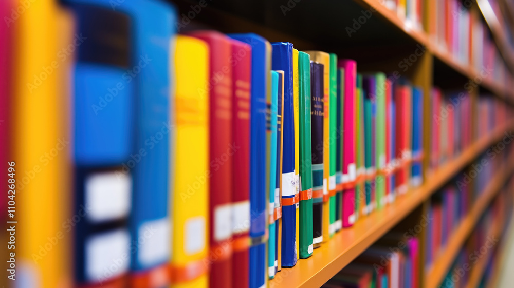 Close up of library books on shelf. Generative AI Close up of library books on shelf. Generative AI