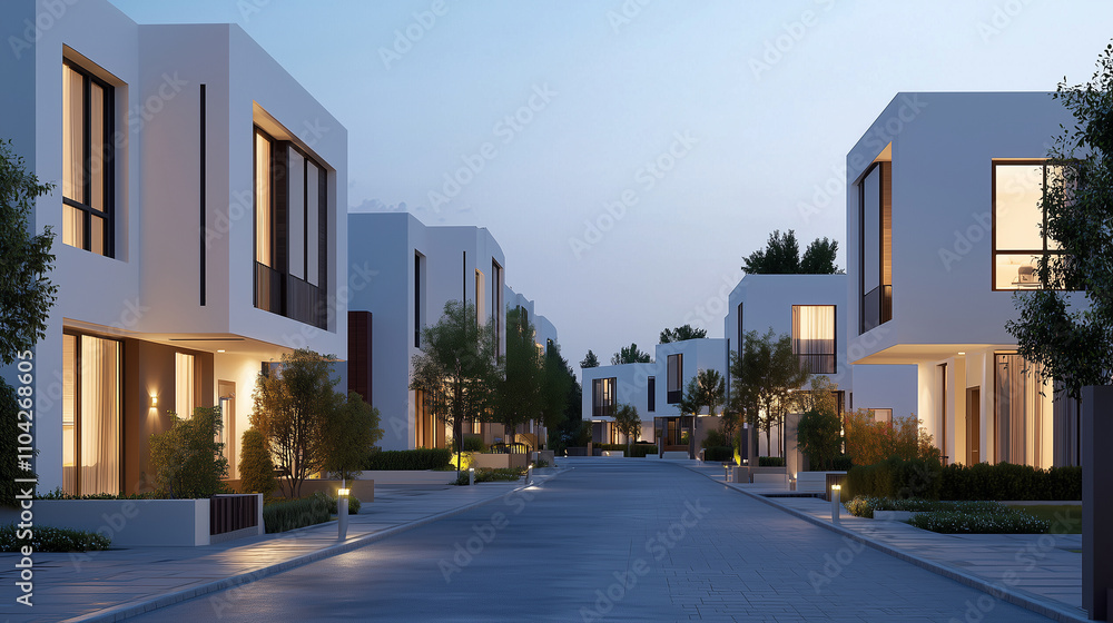 Obraz premium Modern Townhouses on Quiet Nighttime Street with Ambient Lighting