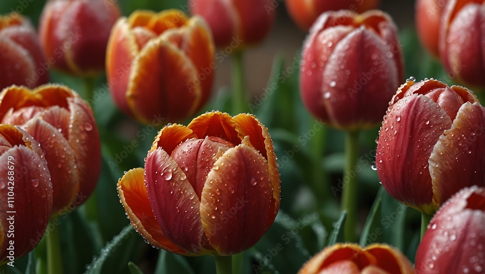 Beautiful tulips adorned with dew drops. Beautiful tulips adorned with dew drops.