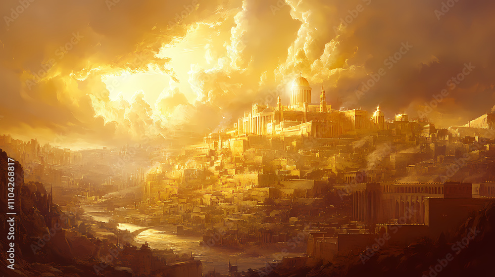 Obraz premium The new jerusalem: the city of god descending from heaven - picture a scene where the new jerusalem descends from heaven, a city of pure gold, shining with the glory of god. Transcendent. Illustration