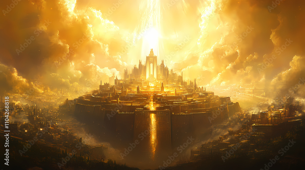Naklejka premium The new jerusalem: the city of god descending from heaven - picture a scene where the new jerusalem descends from heaven, a city of pure gold, shining with the glory of god. Transcendent. Illustration
