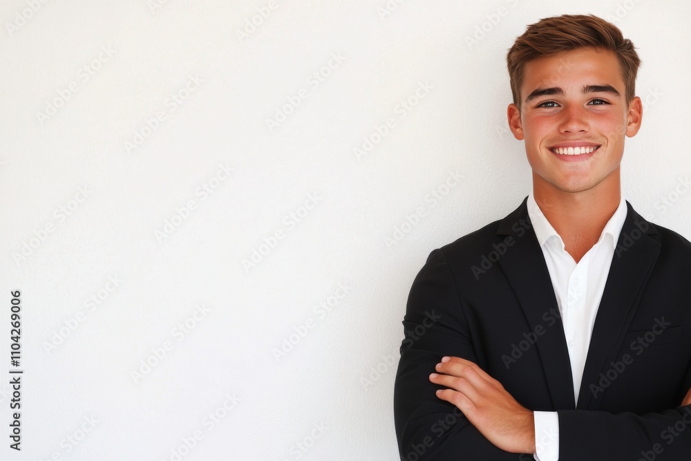 Confident man in suit smiling with arms crossed against plain background Confident man in suit smiling with arms crossed against plain background