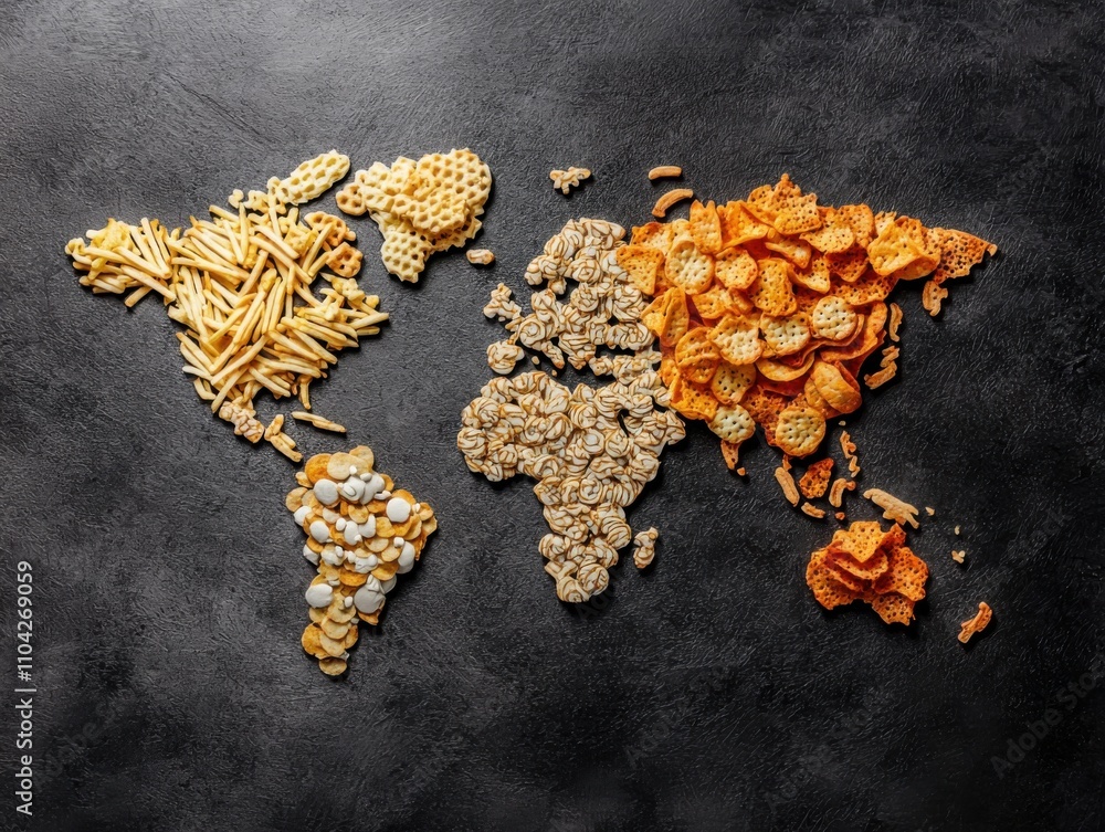 A creative representation of a world map made from various snacks arranged to symbolize different regions. A creative representation of a world map made from various snacks arranged to symbolize different regions.