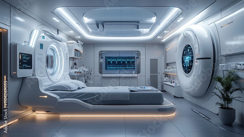 Modern hospital room with advanced medical equipment and an examination area for patient treatment. Generative AI