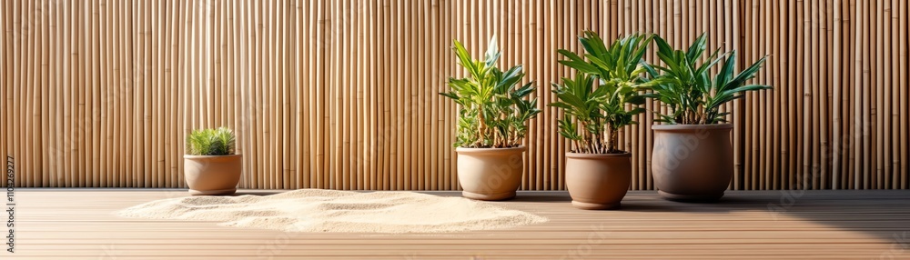 Minimalist balcony with raked sand in small pots and bamboo fencing Minimalist balcony with raked sand in small pots and bamboo fencing