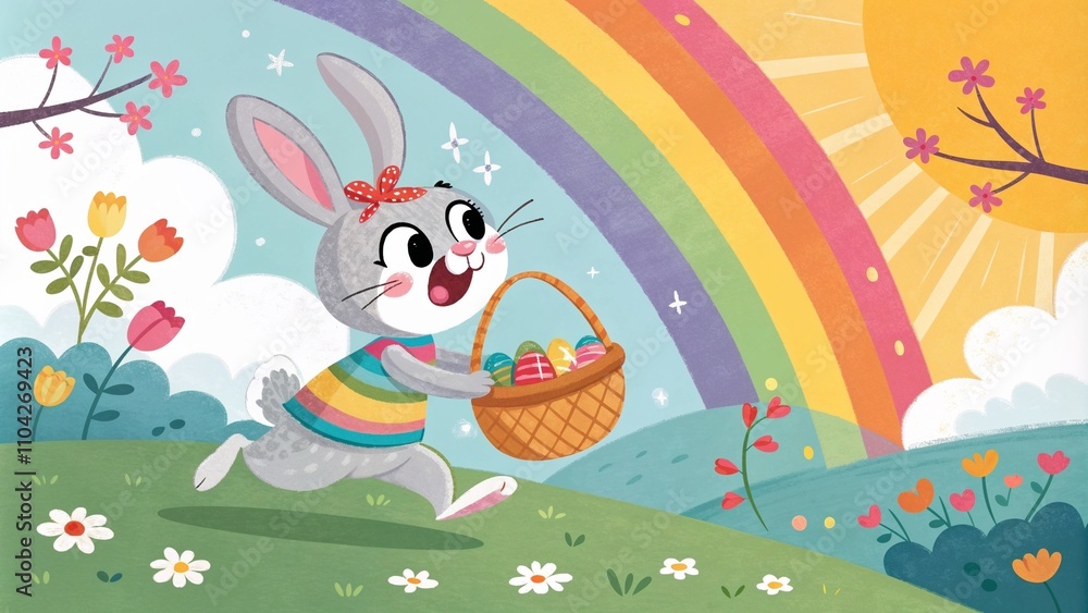 Cute bunny running with a basket of Easter eggs under a colorful rainbow background Cute bunny running with a basket of Easter eggs under a colorful rainbow background