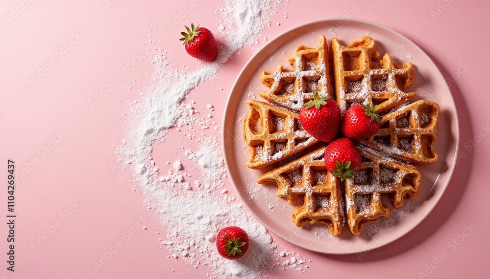 Delicious waffles topped with fresh strawberries and powdered sugar on a pastel pink plate Delicious waffles topped with fresh strawberries and powdered sugar on a pastel pink plate