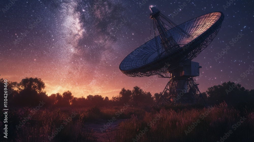 A massive satellite dish stands in a serene landscape, reaching toward the starry sky and the swirling Milky Way. A massive satellite dish stands in a serene landscape, reaching toward the starry sky and the swirling Milky Way.