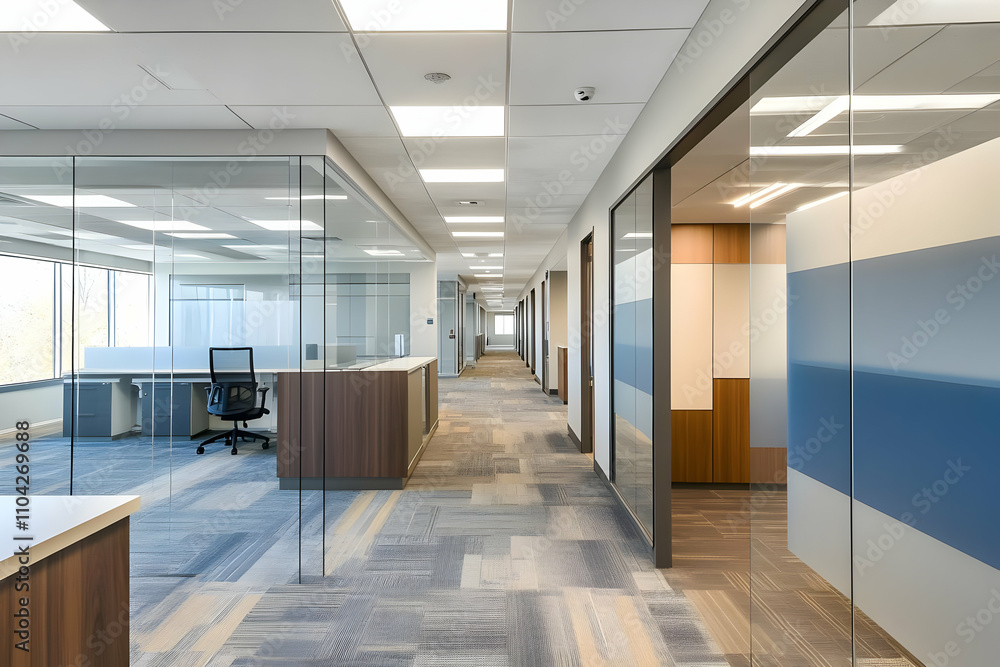 Office interior signage mockups - Modern office hallway with glass partitions and contemporary furnishings. Office interior signage mockups - Modern office hallway with glass partitions and contemporary furnishings.