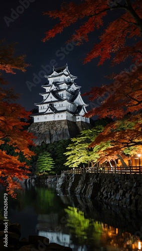 Beautifully lit Hirosaki Castle at night. photo