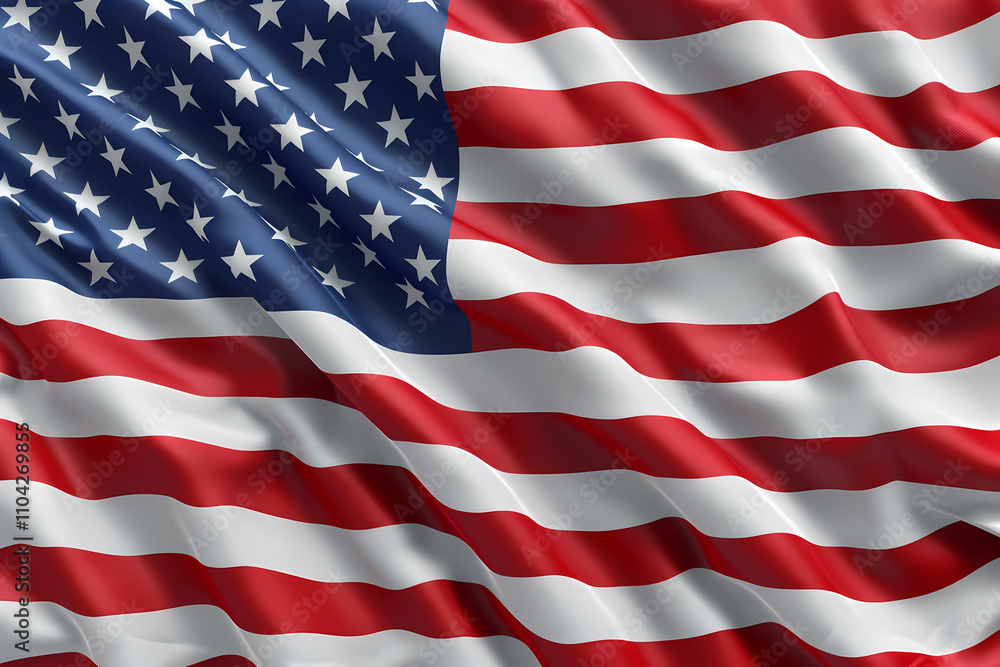 Fototapeta premium Vibrant American flag waving gracefully, showcasing its iconic red, white, and blue colors with dynamic folds and shadows.