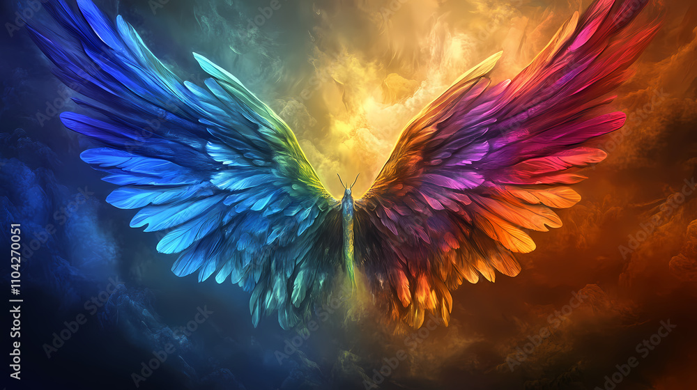 Vibrantly colored wings appear suspended in the ethereal light of dawn, suggesting freedom and transcendent beauty. Transcendent. Illustration Vibrantly colored wings appear suspended in the ethereal light of dawn, suggesting freedom and transcendent beauty. Transcendent. Illustration