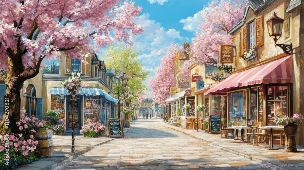 Fototapeta premium Charming Spring Street Scene with Pink Cherry Blossoms and Shops
