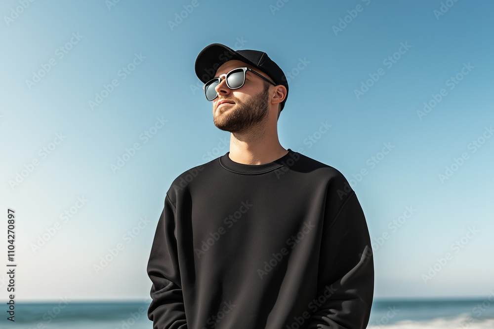A man wearing sunglasses and a black cap, dressed in a plain black crew-neck sweatshirt, stands in front of a beach. This is a mockup-style stock photo, with a clear background, A man wearing sunglasses and a black cap, dressed in a plain black crew-neck sweatshirt, stands in front of a beach. This is a mockup-style stock photo, with a clear background,